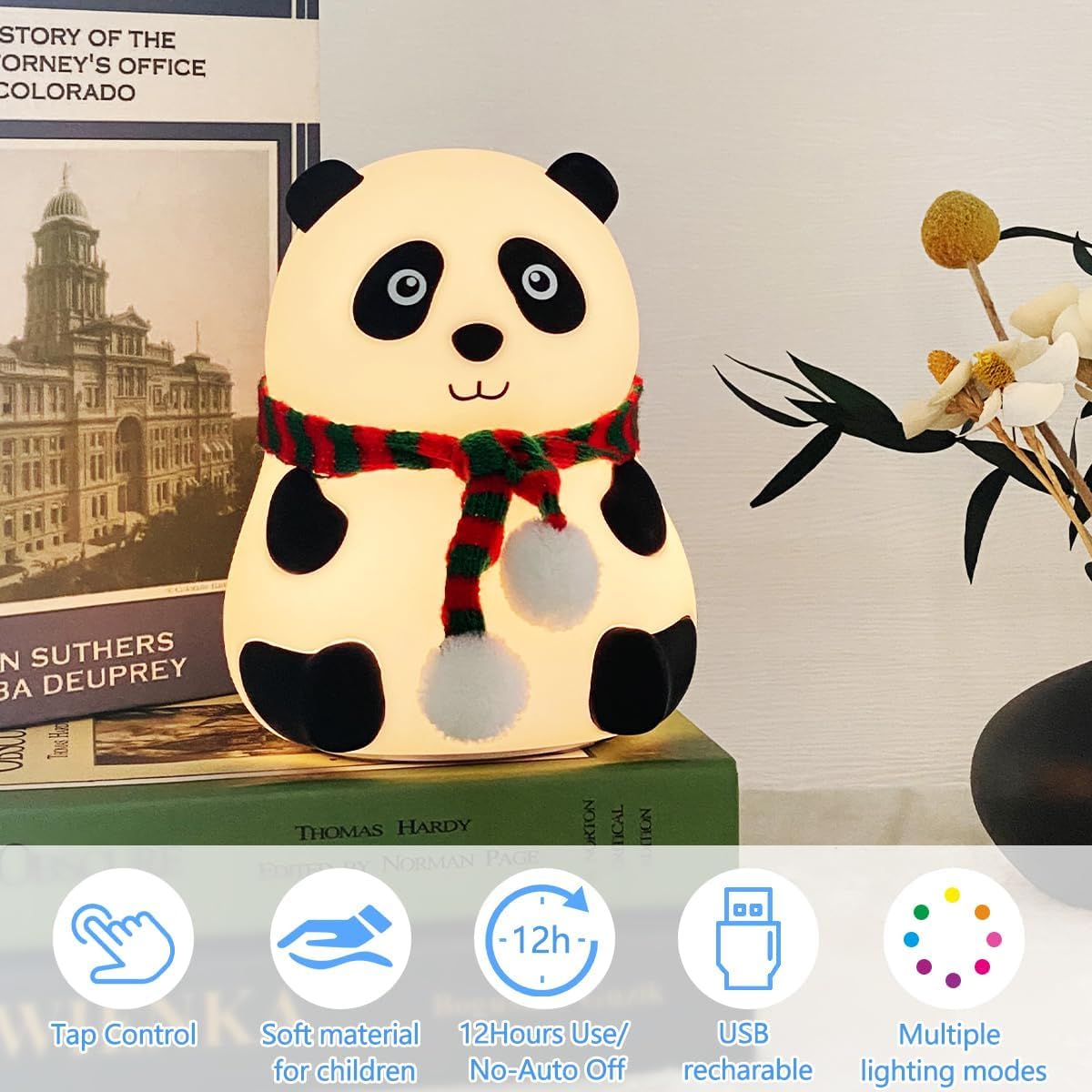 Votvy Electric  Rechargeable Panda Lamp, Cute Silicone Kawaii Night Lamp For Bedroom With Touch Gesture 7 Color Changing Adorable Christmas Gift Kids, Light,Table,Beside Kids Room