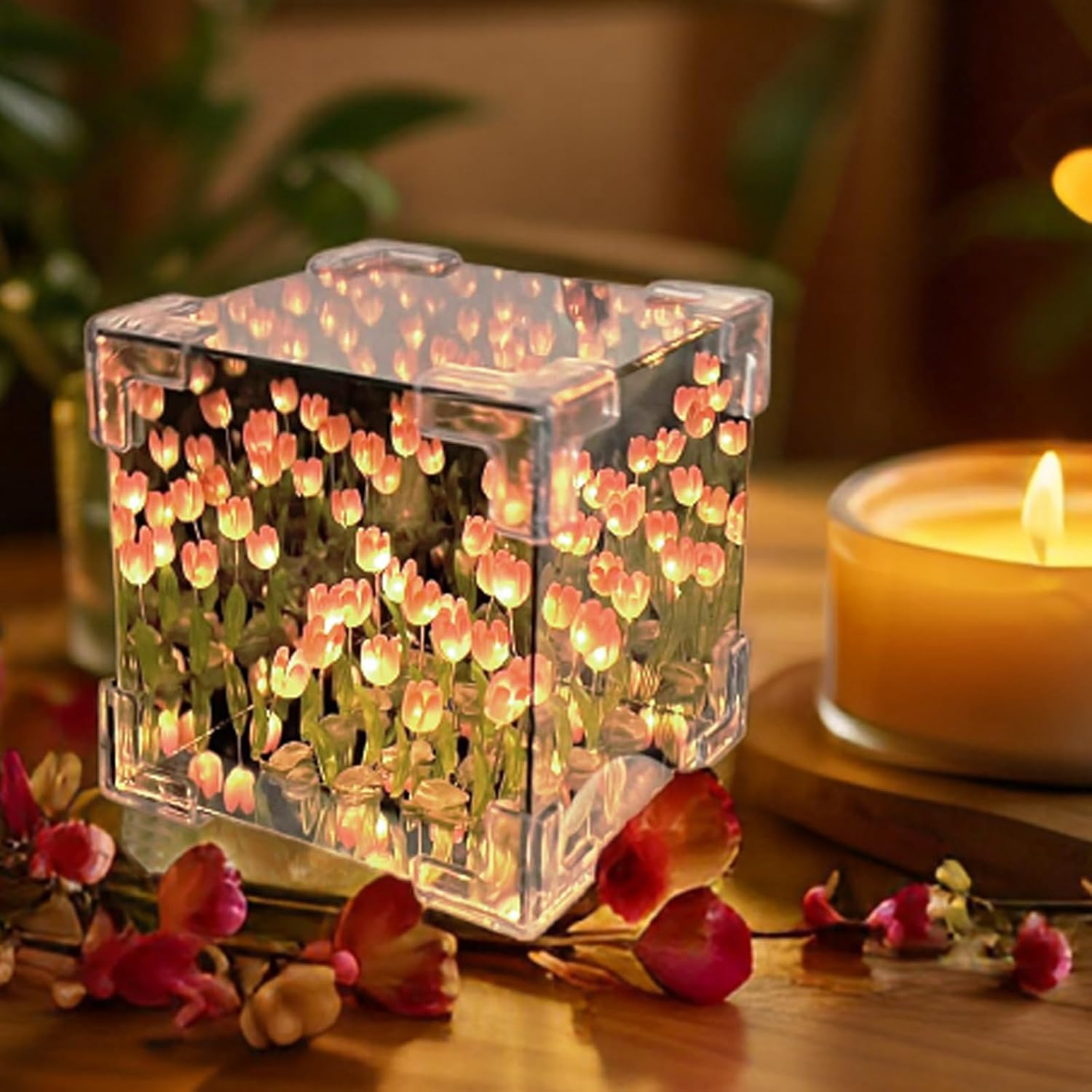 Votvy Acrylic DIY Tulip Cube Mirror Lamp, 30 Flowers LED Decorative Lamp, 2 In 1 Mirror & Table Ornaments For Bedroom Livingroom Desktop Decor Birthday Gift,Transparent