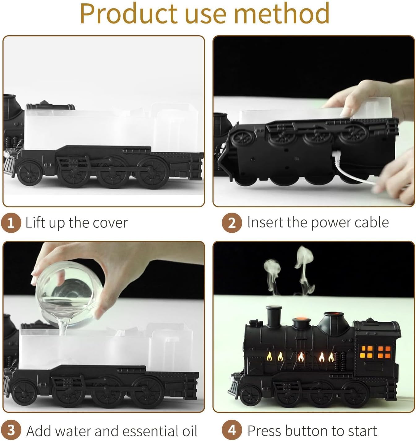 Votvy Train Essential Oil Diffuser Ultrasonic Cool Mist Aromatherapy Diffuser Humidifier with Auto Shut-Off and 2 Light 2 Mist Mode, Auto Shut-Off, for Large Room, Home, Office Hotel 300ml (Train)