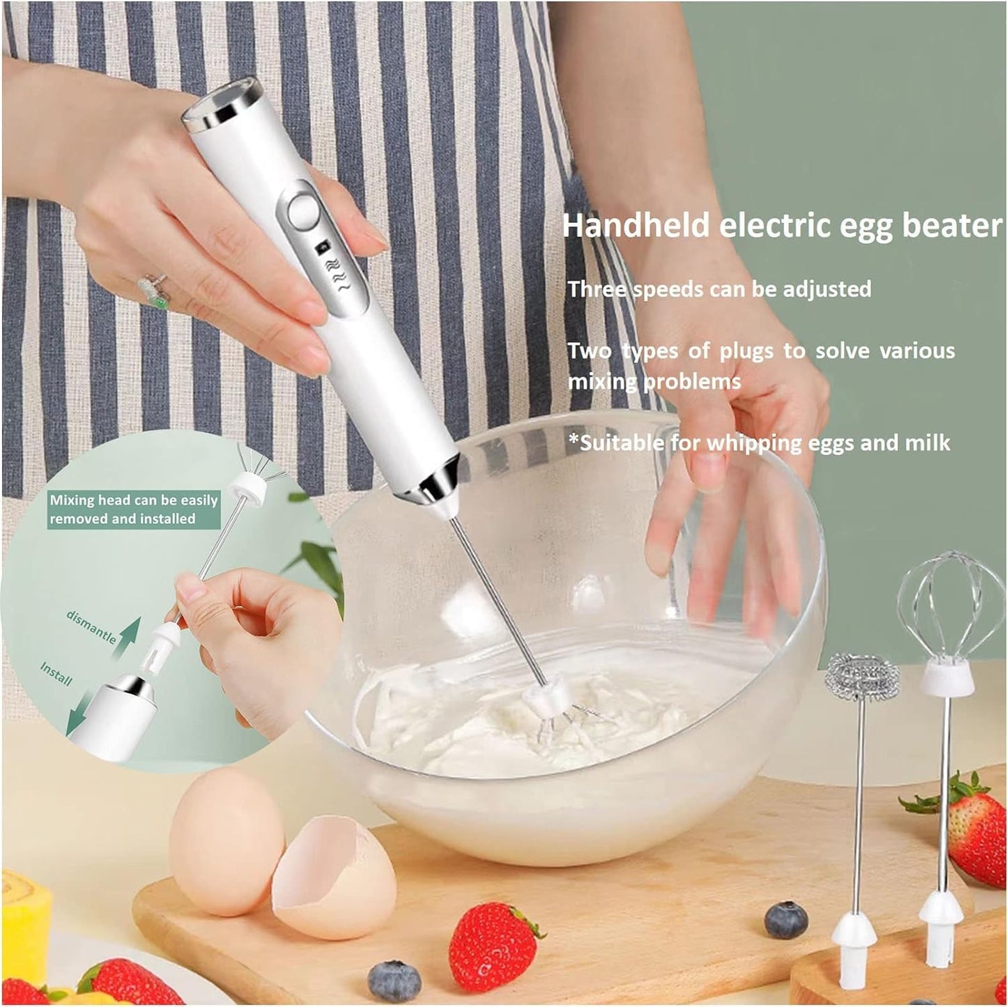 Votvy Rechargeable Milk Frother Handheld with 2 Heads, Black Color Coffee Electric Whisk Drink Foam Mixer, Mini Hand Stirrer with 3 Speeds Adjustable for Latte, Cappuccino, Hot Chocolate, Egg