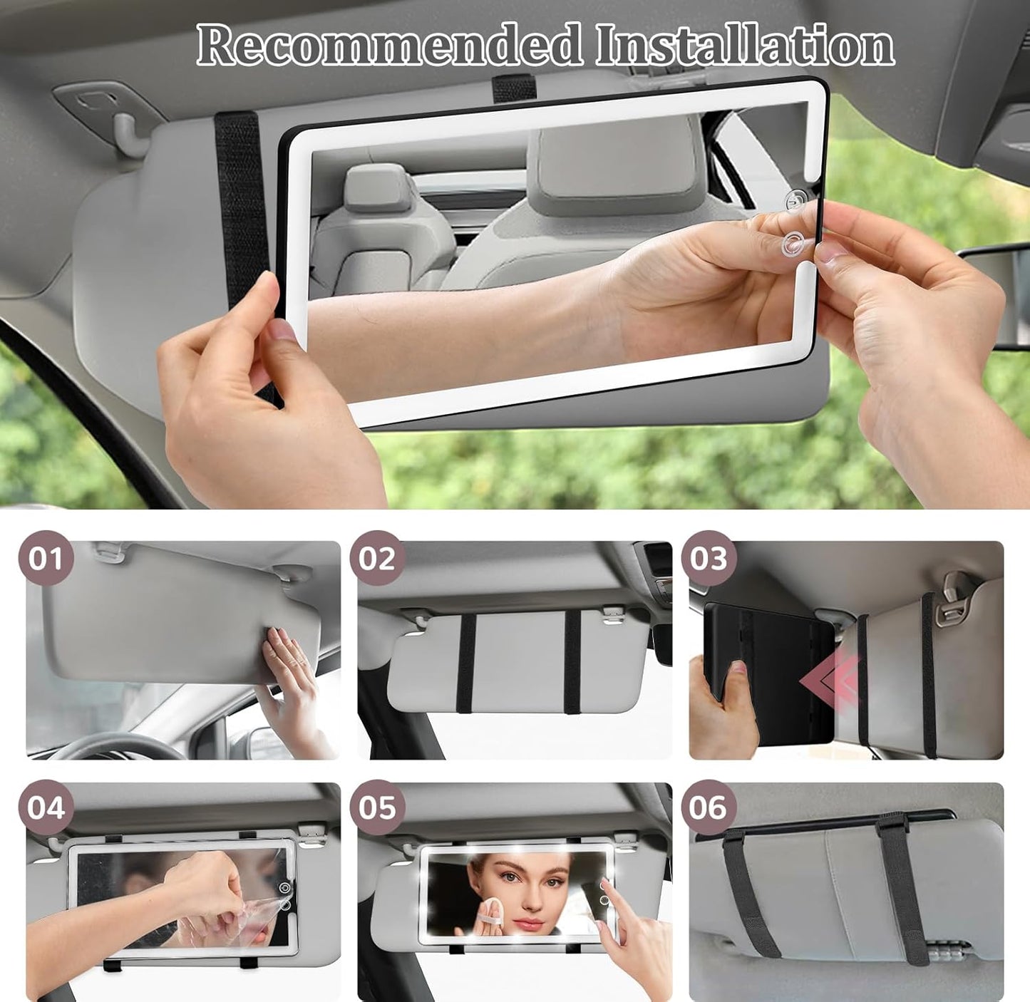 Votvy Led Car Sun Visor Vanity Mirror, Upgraded Car Mirror with Lights,Large Dimmable Light up Vanity Makeup Mirror for Car,Rechargeable Universal Rear View Mirror for Car Visor