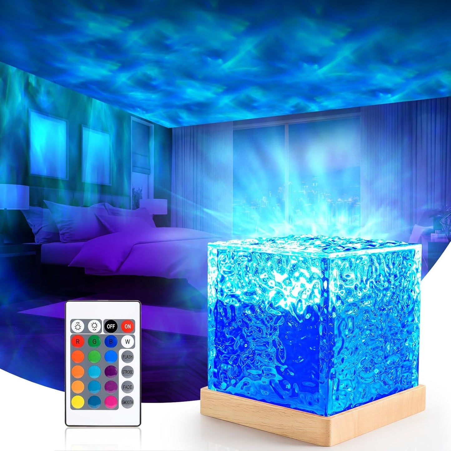 Votvy Ocean Electric Wave Projector Lamp, Northern Lights Ripple Projector Light, 16 Colors Gradual Rotating Flame Water Lamp, Wave Light Aurora Projector with Remote Control for Room Decor Valentine's Gift
