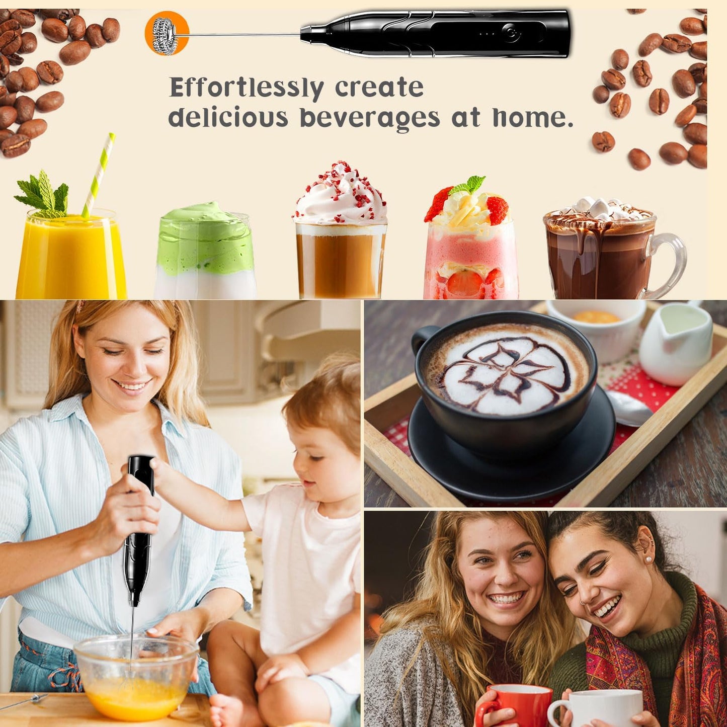 Votvy Rechargeable Milk Frother Handheld with 2 Heads, Black Color Coffee Electric Whisk Drink Foam Mixer, Mini Hand Stirrer with 3 Speeds Adjustable for Latte, Cappuccino, Hot Chocolate, Egg