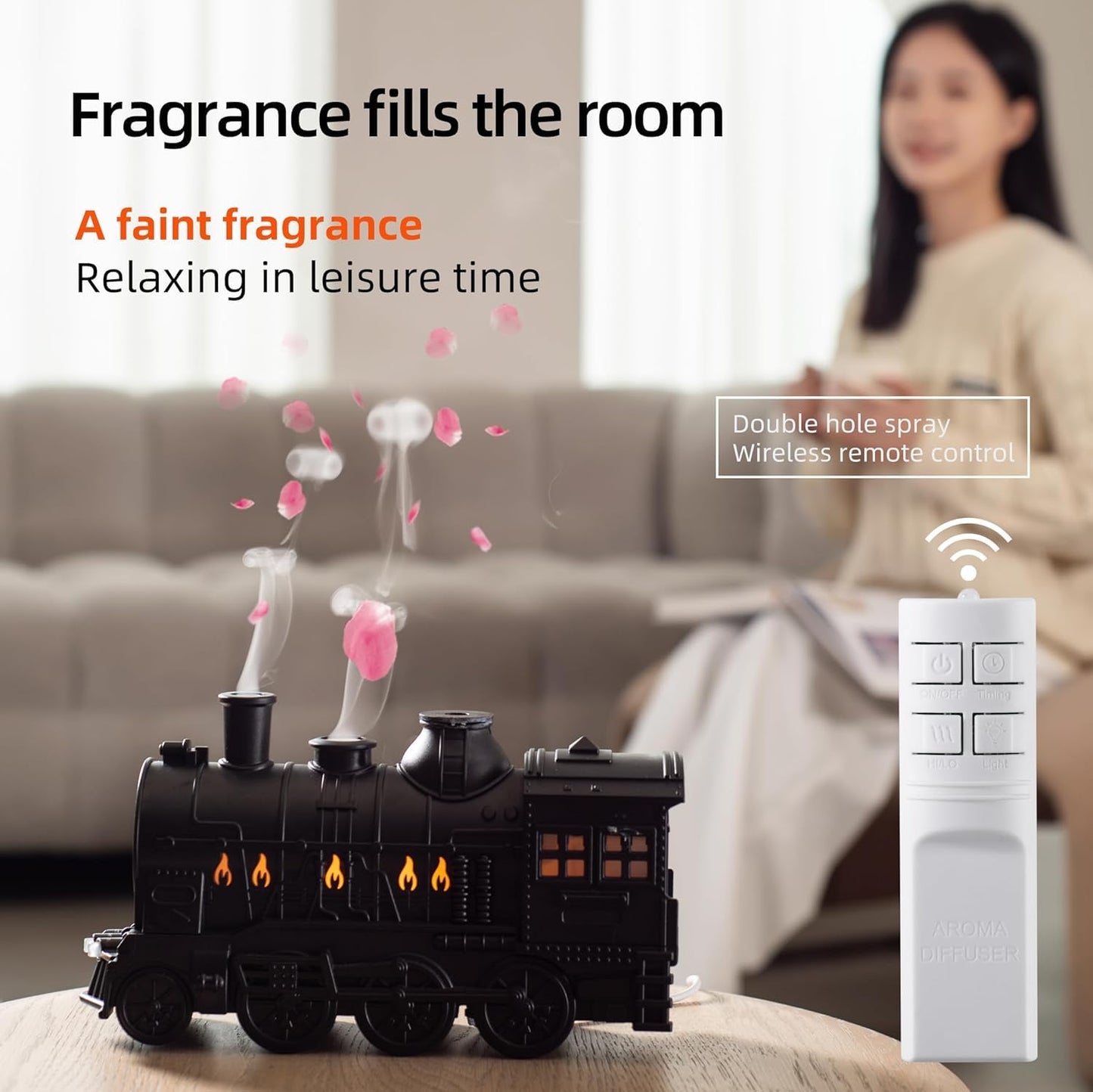 Votvy Train Essential Oil Diffuser Ultrasonic Cool Mist Aromatherapy Diffuser Humidifier with Auto Shut-Off and 2 Light 2 Mist Mode, Auto Shut-Off, for Large Room, Home, Office Hotel 300ml (Train)