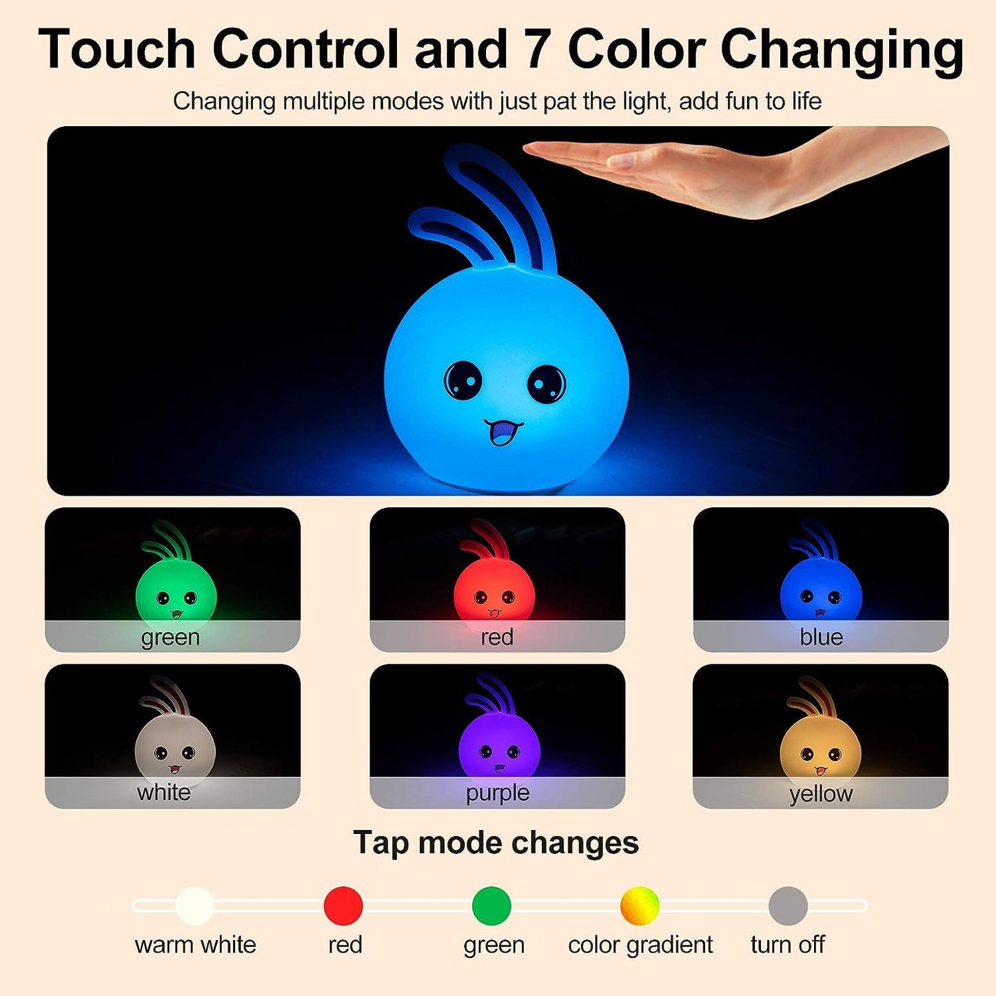 Votvy Electric  Night Lamp for Kids,Silicone Cute Little Rabbit LED Table Lamp, Birthday Gift for Kids (2-5 Years), Colour Changing with USB Rechargeable Night Light(Rabbit Lamp), Multicolour