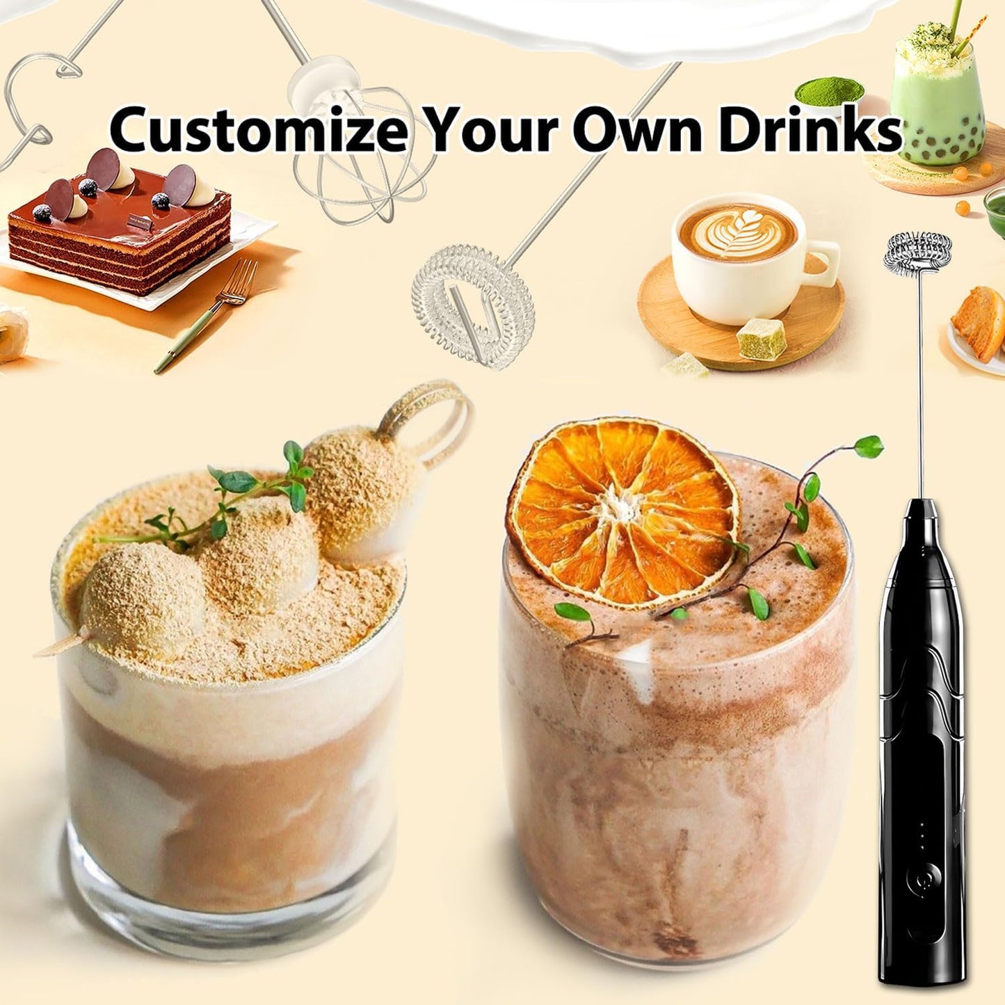 Votvy Rechargeable Milk Frother Handheld with 2 Heads, Black Color Coffee Electric Whisk Drink Foam Mixer, Mini Hand Stirrer with 3 Speeds Adjustable for Latte, Cappuccino, Hot Chocolate, Egg