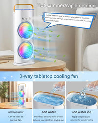 Votvy Electric Double Ended Spray Fan, Cold Air Fan, 2025 New 3 Gears USB Rechargeable Oscillating fan with LED Light Cooler Fan, Touch & Remote Control, 280ml Water Tank, Ice Filling Fan