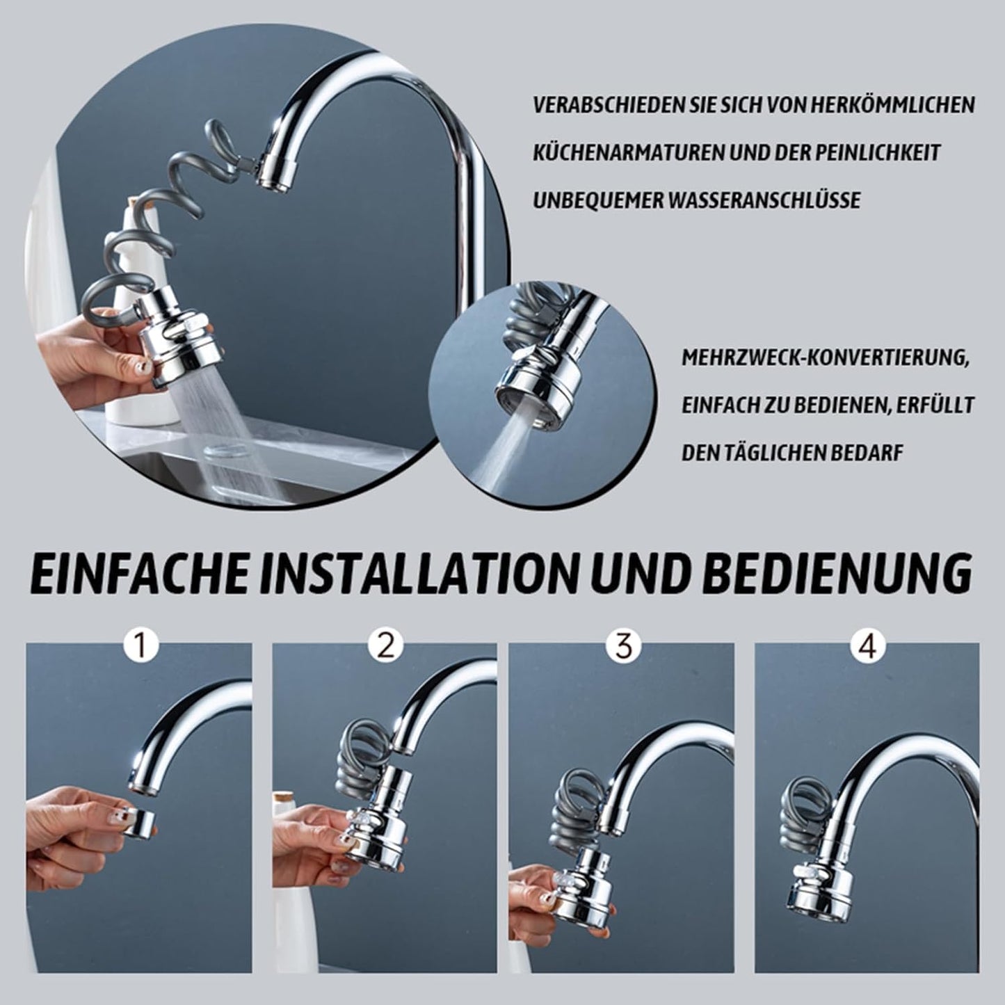 Votvy Tap Extender for Kitchen Sink, 3 Spray Modes Faucet Head Replacement, Sink Sprayer Faucet Tap Extender, Aerator with Stretchable Hose Attachment, Water Outlet for Kitchen, Bathroom (1, Silver)