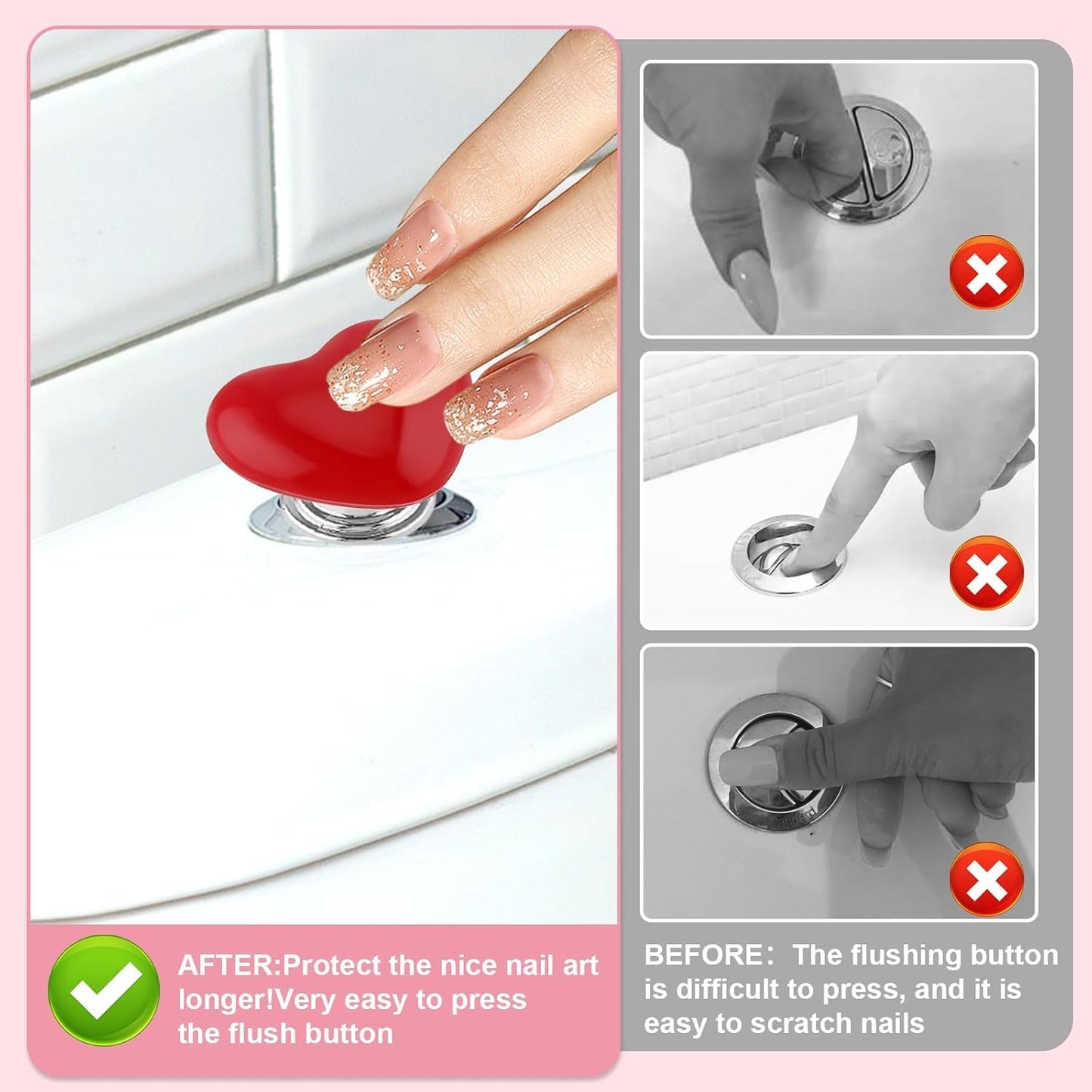 Votvy  4 Pcs Toilet Tank Button, Love Heart Shaped Toilet Push Button, Toilet Tank Press Button For Toilet Cover Lifter Handle Flush, Portable Toilet Tank Lid for Women Long Nail(Multicolour)