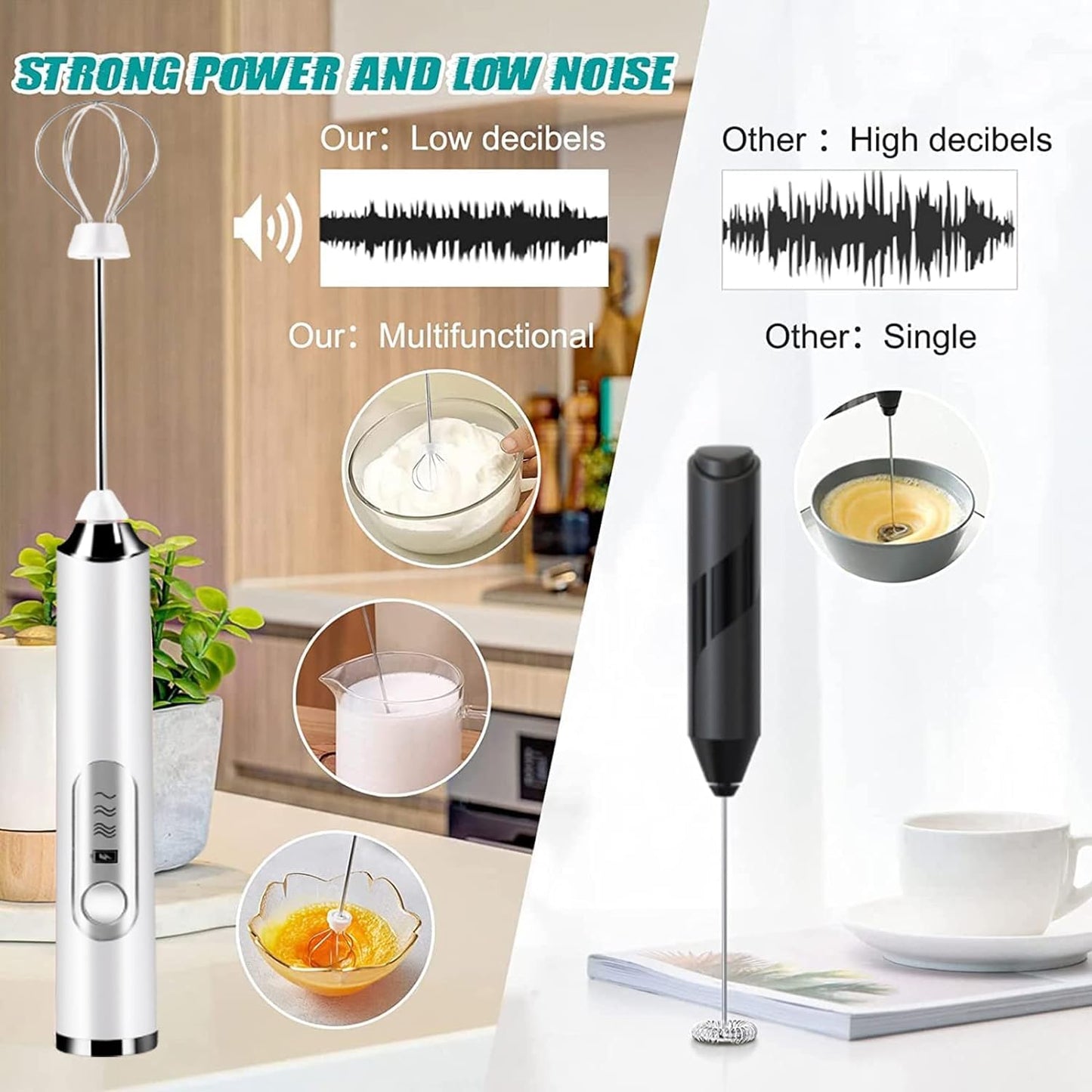 Votvy Rechargeable Milk Frother Handheld with 2 Heads, Black Color Coffee Electric Whisk Drink Foam Mixer, Mini Hand Stirrer with 3 Speeds Adjustable for Latte, Cappuccino, Hot Chocolate, Egg