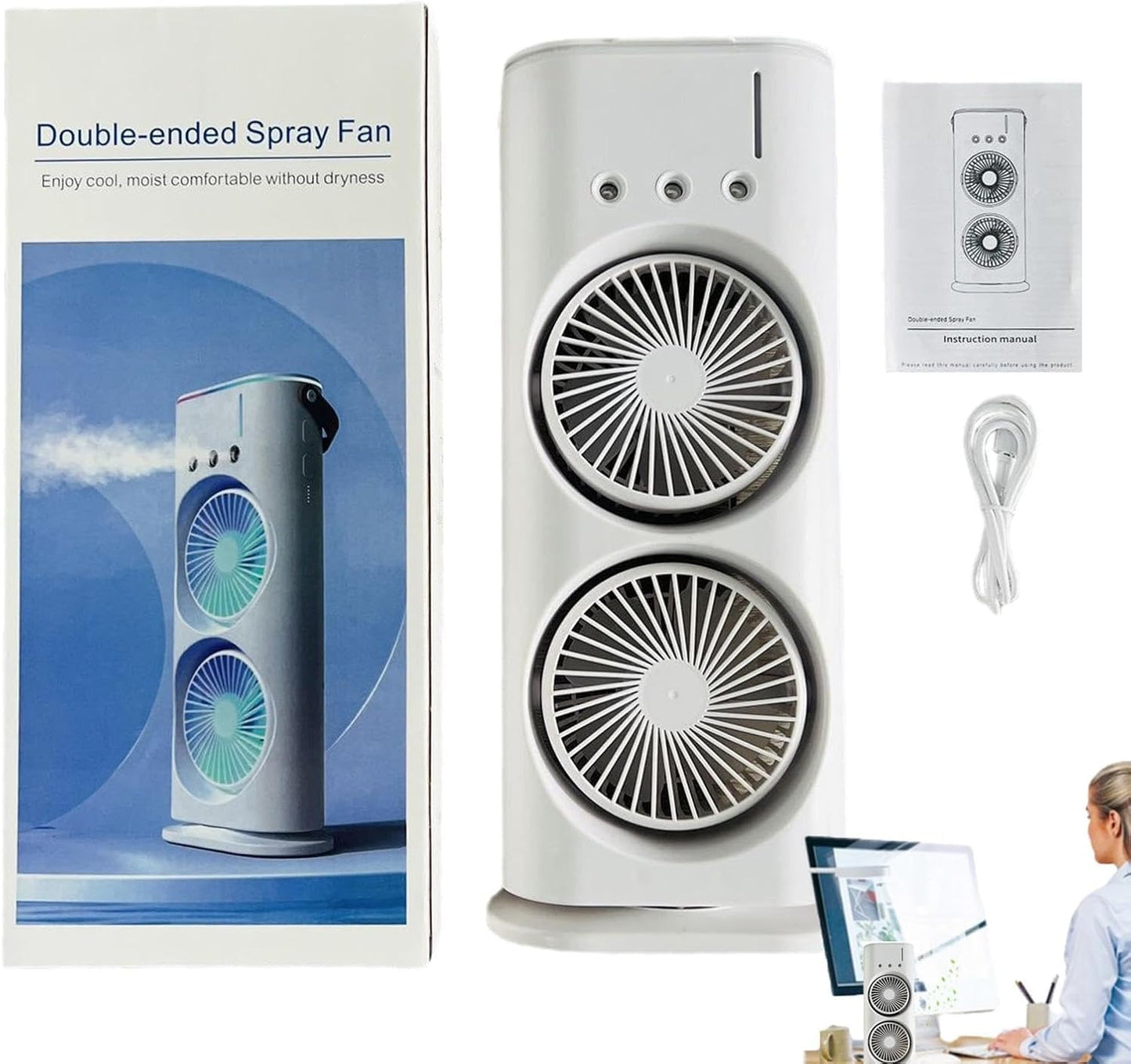 Votvy Electric Double Ended Spray Fan, Cold Air Fan, 2025 New 3 Gears USB Rechargeable Oscillating fan with LED Light Cooler Fan, Touch & Remote Control, 280ml Water Tank, Ice Filling Fan