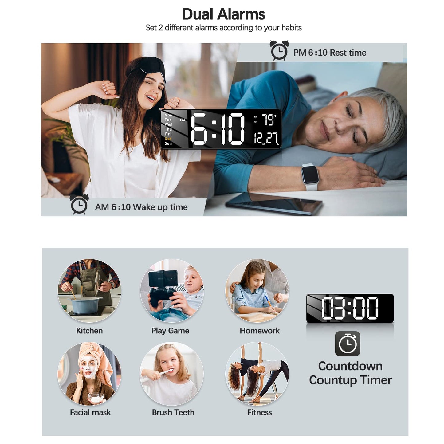Votvy Digital Wall Clock Large Display Digital Clock with Remote Control Auto-Dimming Wall Clock with Night Light LED Digital Clock for Wall with Date, Temperature and Timer
