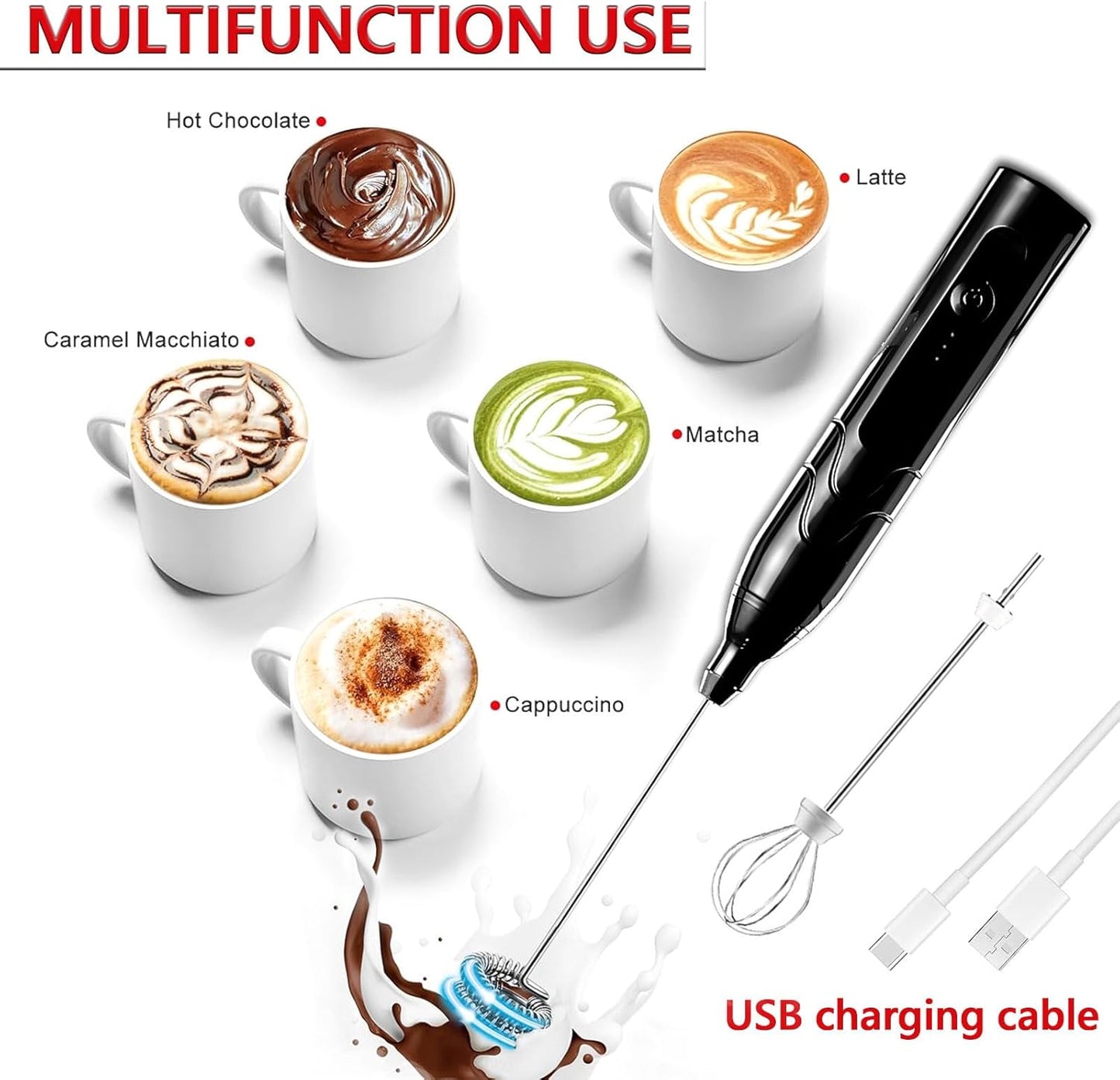 Votvy Rechargeable Milk Frother Handheld with 2 Heads, Black Color Coffee Electric Whisk Drink Foam Mixer, Mini Hand Stirrer with 3 Speeds Adjustable for Latte, Cappuccino, Hot Chocolate, Egg