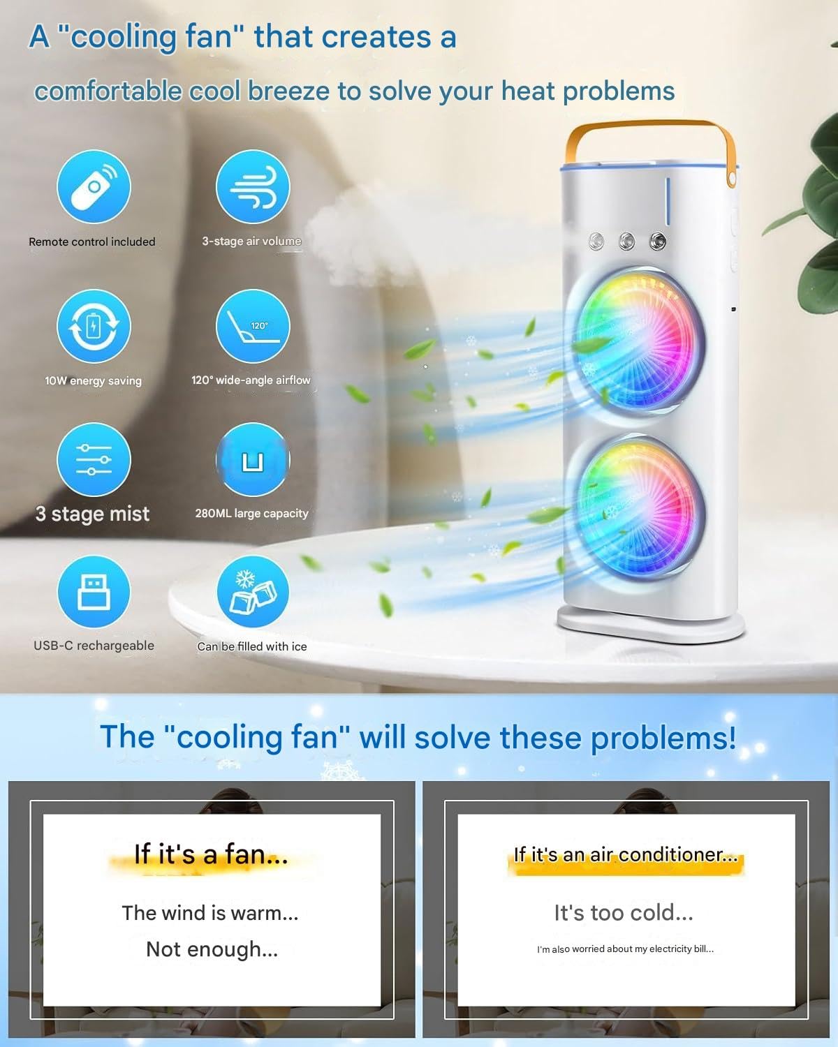 Votvy Electric Double Ended Spray Fan, Cold Air Fan, 2025 New 3 Gears USB Rechargeable Oscillating fan with LED Light Cooler Fan, Touch & Remote Control, 280ml Water Tank, Ice Filling Fan