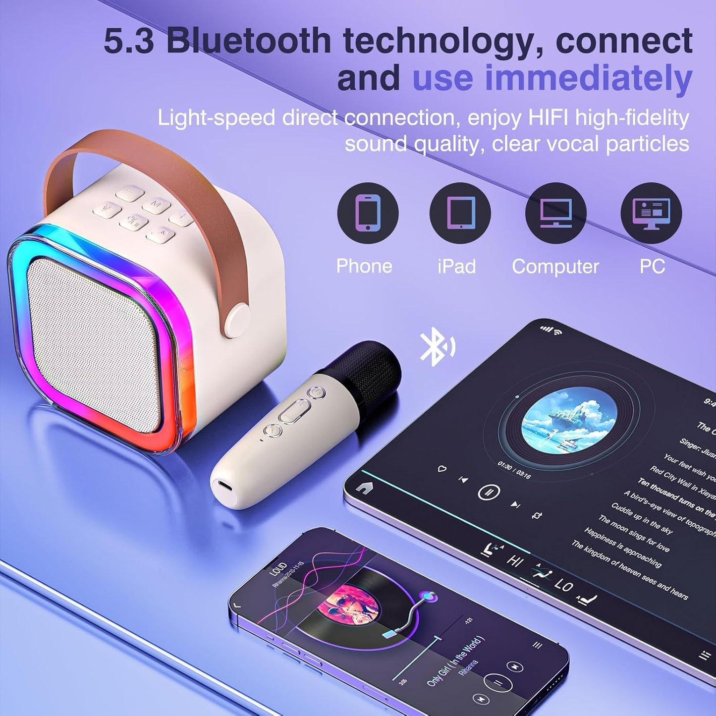 Votvy Electric Rechargeable Karaoke Mic with Speaker for Singing | Wireless Mini Portable Bluetooth Speaker with Microphone & LED Lights | Cute Birthday Gift for Kids Musical Toys for Boys, Girls and Adults