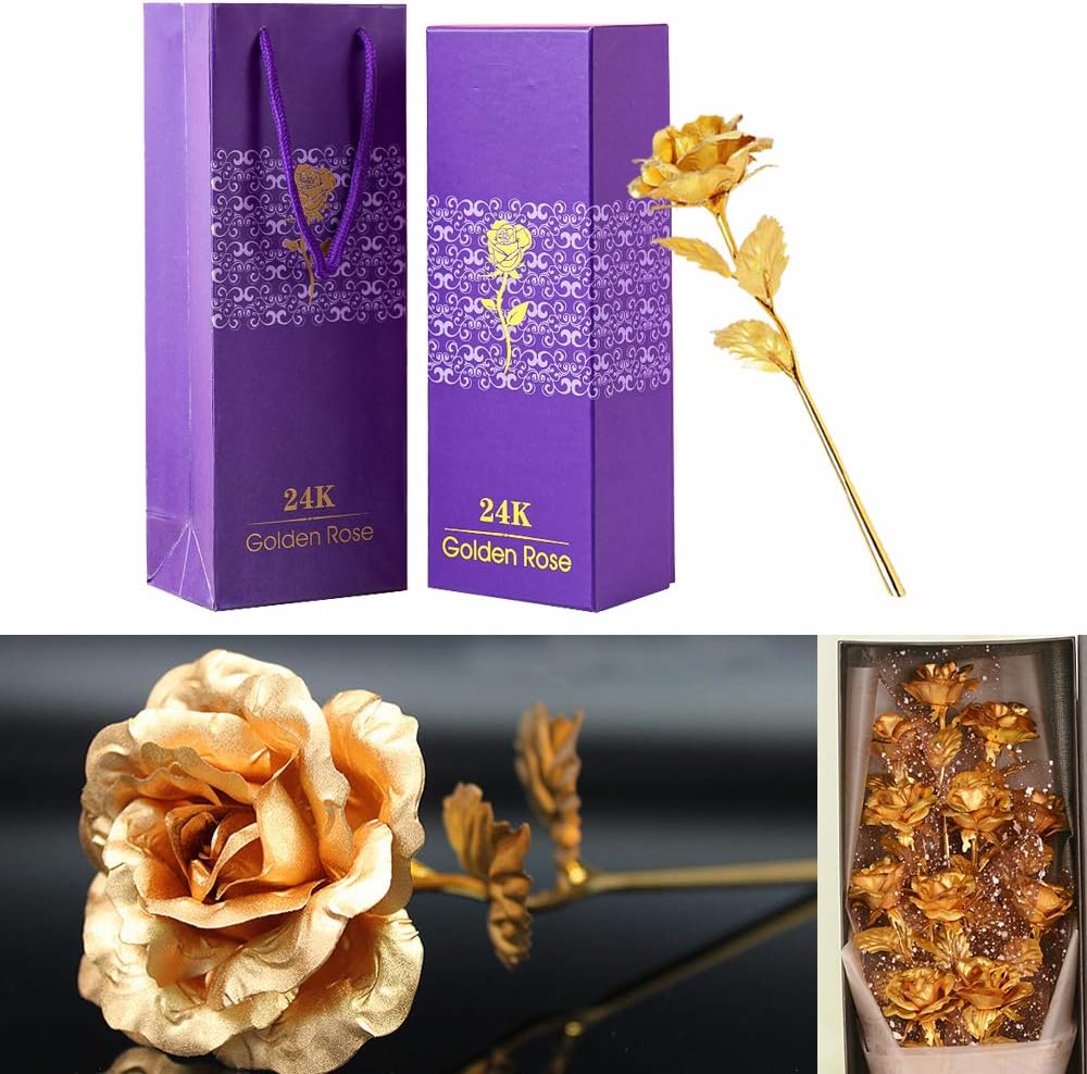 Votvy 24K Gold Plated Artificial Rose Flower with Gift Box | Eternal Golden Rose for Valentine’s Day, Birthday, Anniversary & Romantic Gifts for Girlfriend, Wife, Husband, or Loved Ones