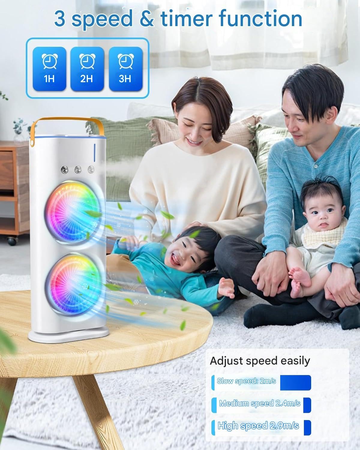 Votvy Electric Double Ended Spray Fan, Cold Air Fan, 2025 New 3 Gears USB Rechargeable Oscillating fan with LED Light Cooler Fan, Touch & Remote Control, 280ml Water Tank, Ice Filling Fan