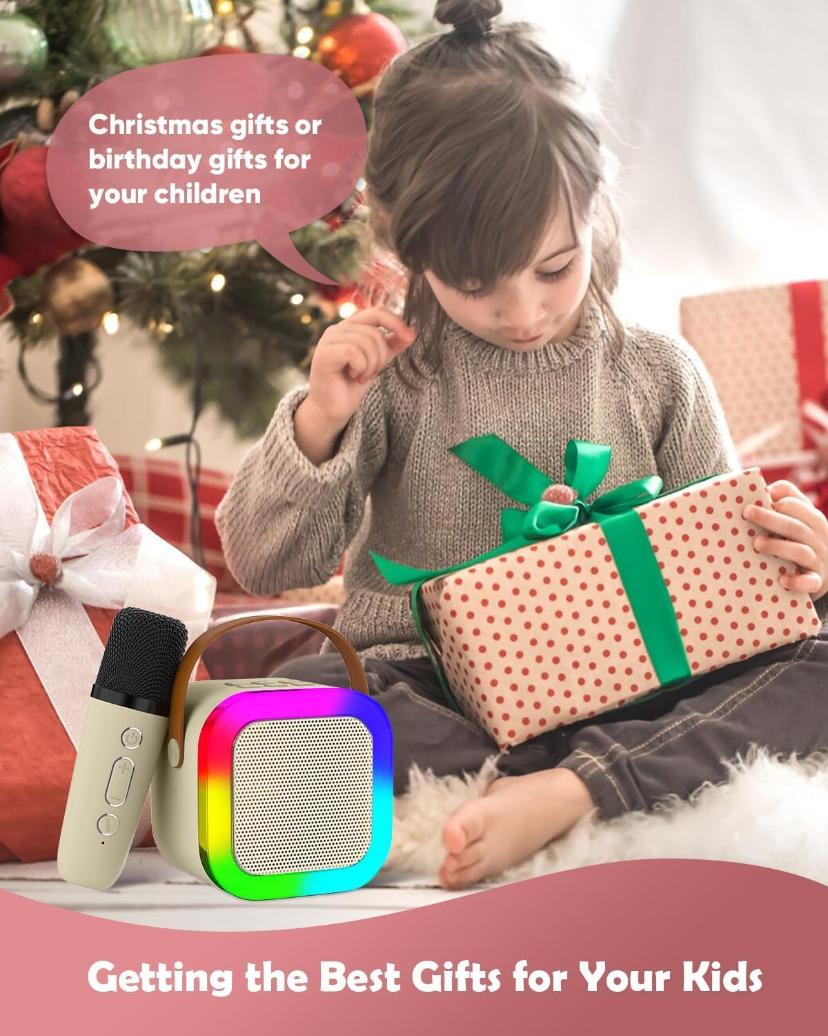 Votvy Electric Rechargeable Karaoke Mic with Speaker for Singing | Wireless Mini Portable Bluetooth Speaker with Microphone & LED Lights | Cute Birthday Gift for Kids Musical Toys for Boys, Girls and Adults