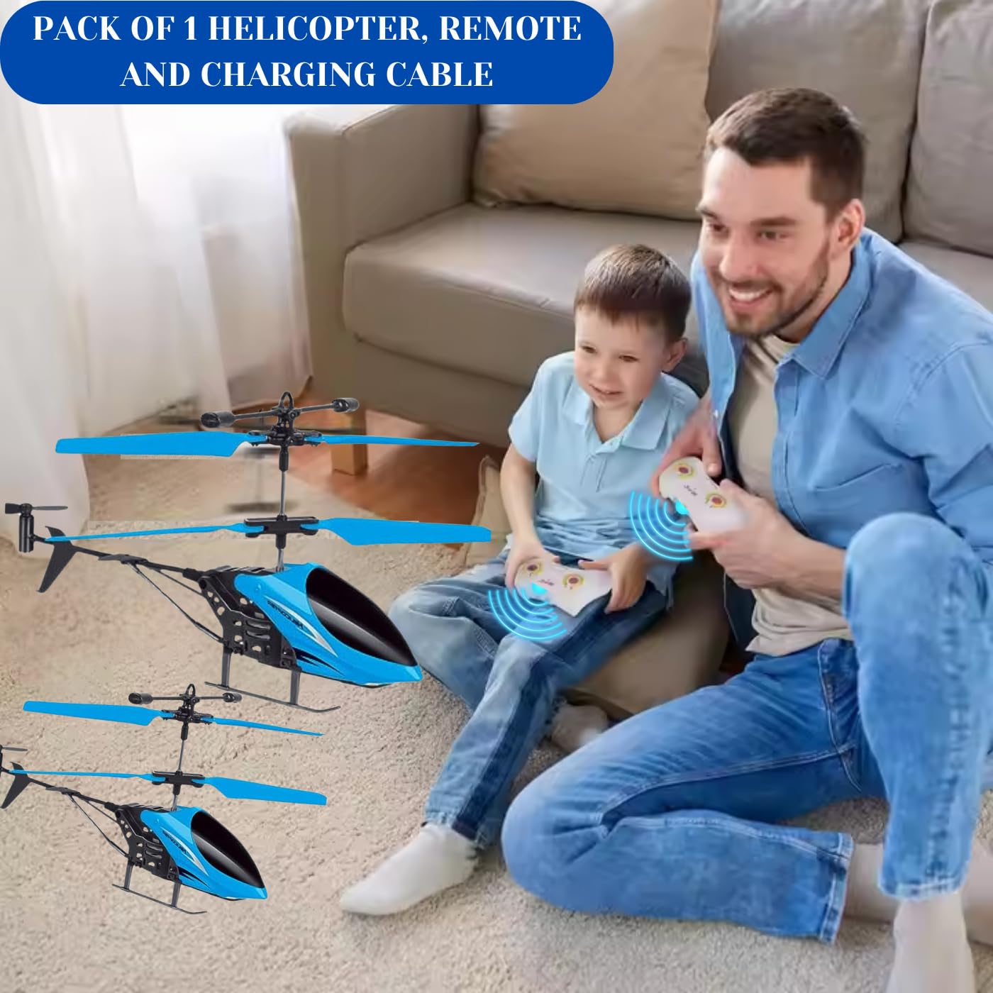 Votvy  Flying Helicopter with 2 in 1 Play Gravity Vacant and Remote, Gravity Vacant Helicopter with Charging, 3D Light & Safety Sensor, Helicopter for Kids Age 4+ Years I Pack of 1 (Blue)