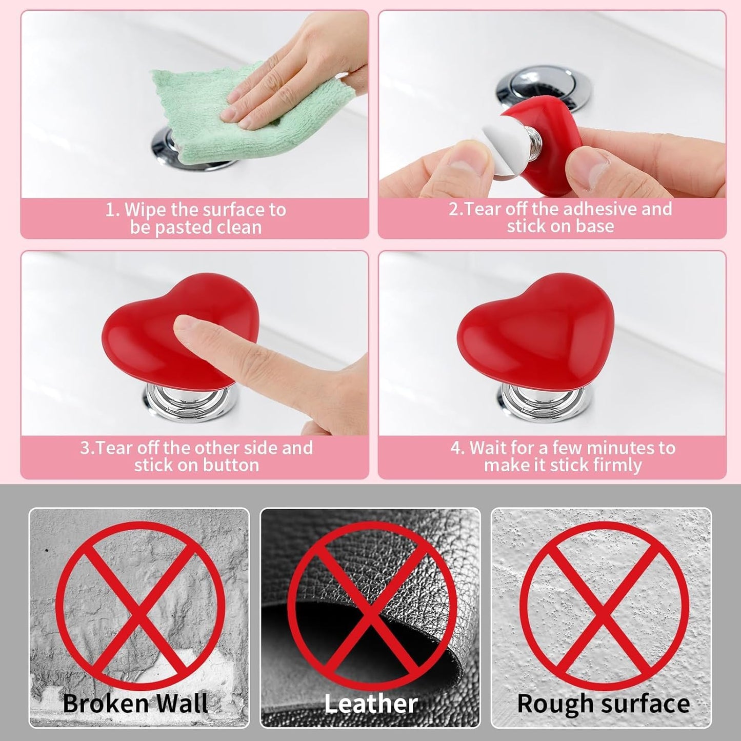 Votvy  4 Pcs Toilet Tank Button, Love Heart Shaped Toilet Push Button, Toilet Tank Press Button For Toilet Cover Lifter Handle Flush, Portable Toilet Tank Lid for Women Long Nail(Multicolour)