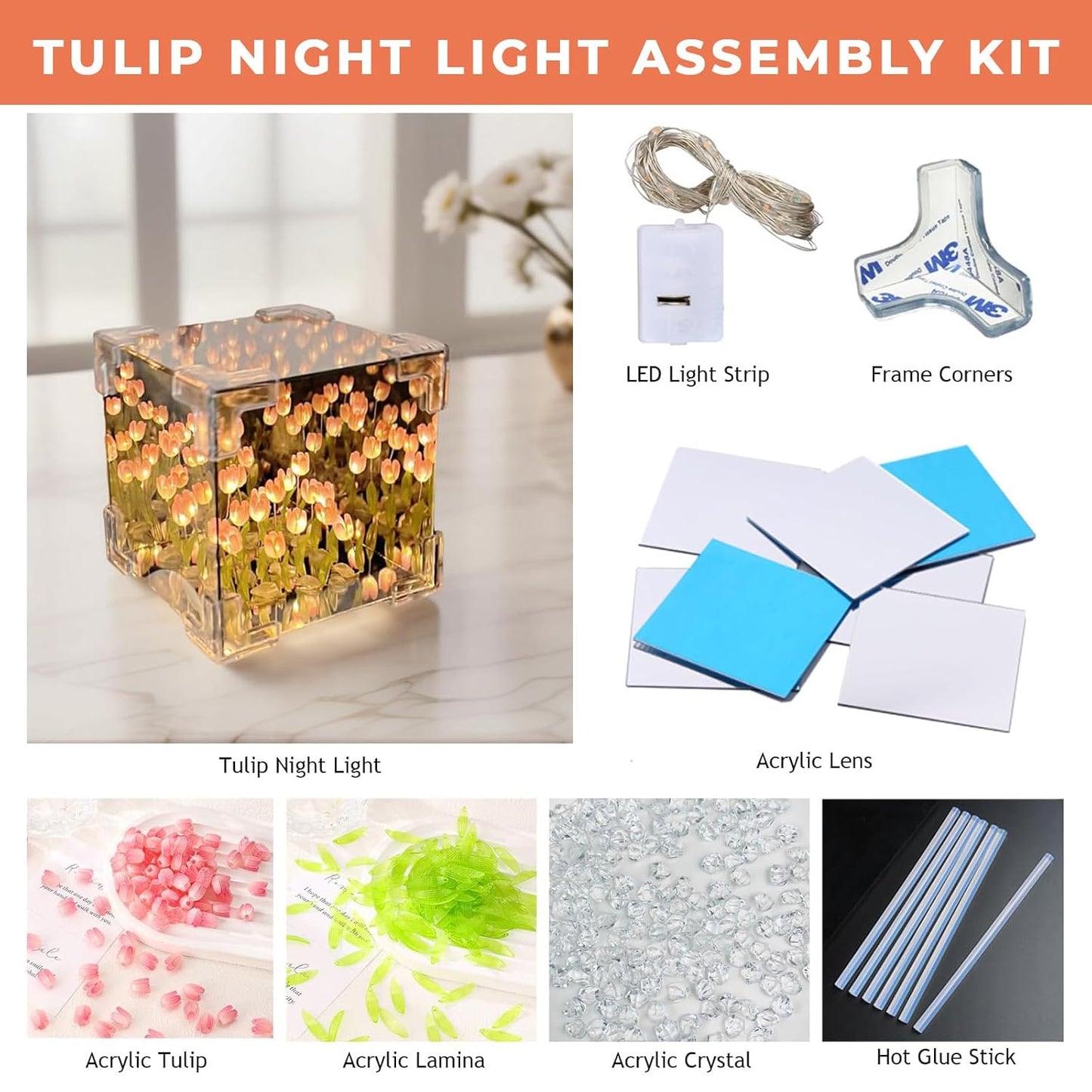Votvy Acrylic DIY Tulip Cube Mirror Lamp, 30 Flowers LED Decorative Lamp, 2 In 1 Mirror & Table Ornaments For Bedroom Livingroom Desktop Decor Birthday Gift,Transparent