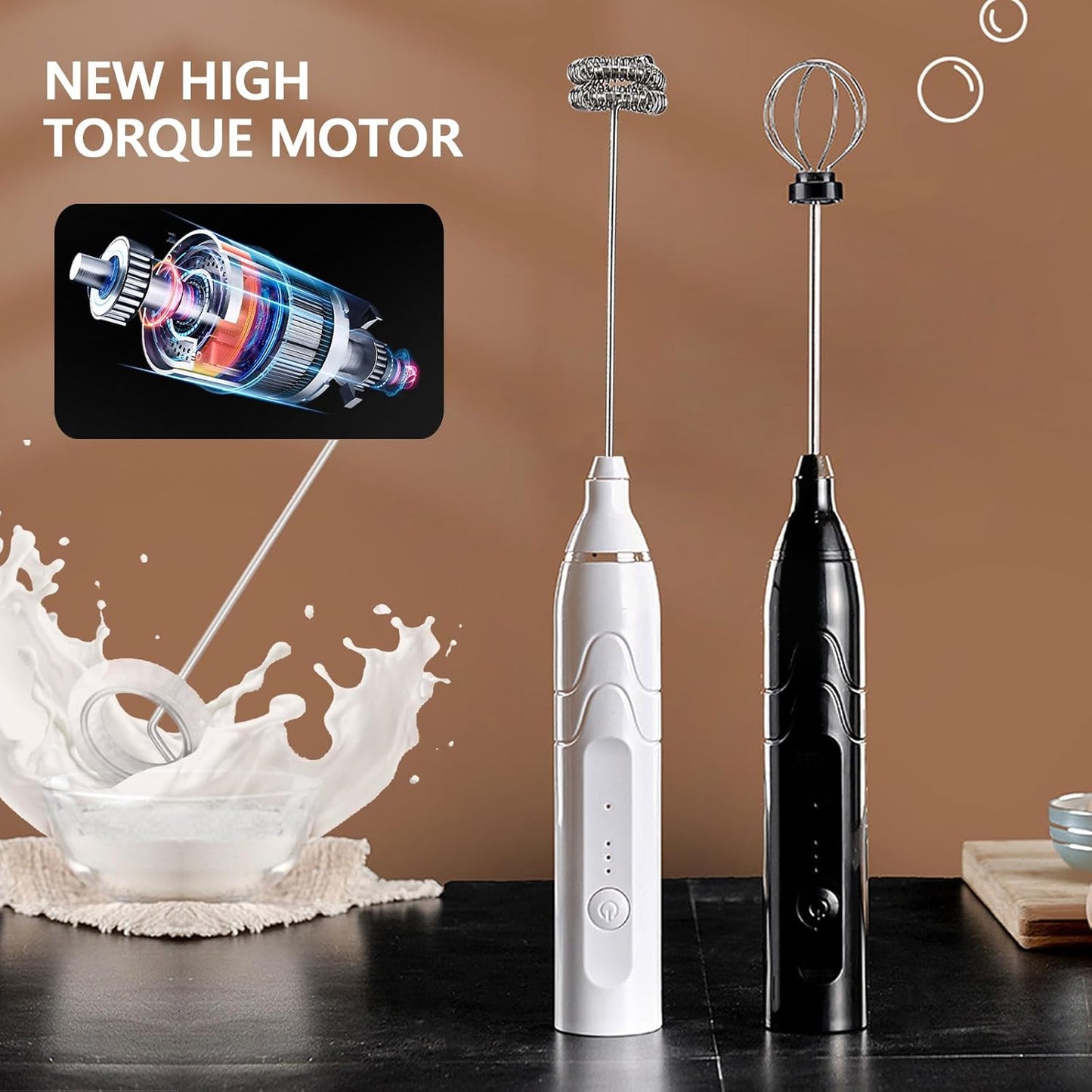Votvy Rechargeable Milk Frother Handheld with 2 Heads, Black Color Coffee Electric Whisk Drink Foam Mixer, Mini Hand Stirrer with 3 Speeds Adjustable for Latte, Cappuccino, Hot Chocolate, Egg