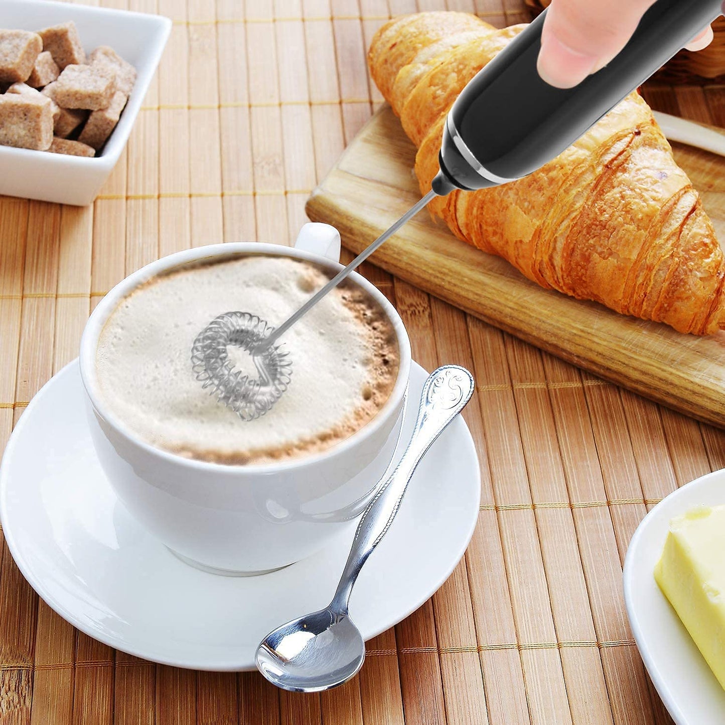 Votvy Rechargeable Milk Frother Handheld with 2 Heads, Black Color Coffee Electric Whisk Drink Foam Mixer, Mini Hand Stirrer with 3 Speeds Adjustable for Latte, Cappuccino, Hot Chocolate, Egg
