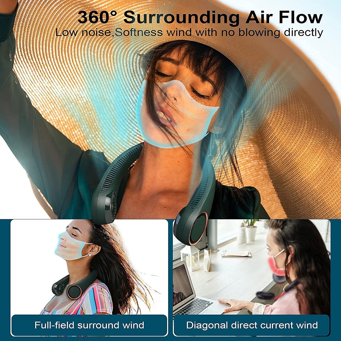 Votvy  Portable Electric Rechargeable Neck Fan USB Charging Battery Bladeless Neck Fan Smart Mini Hand Free 3 High Speed Fan Low Noise 360° Cooling NECK FAN