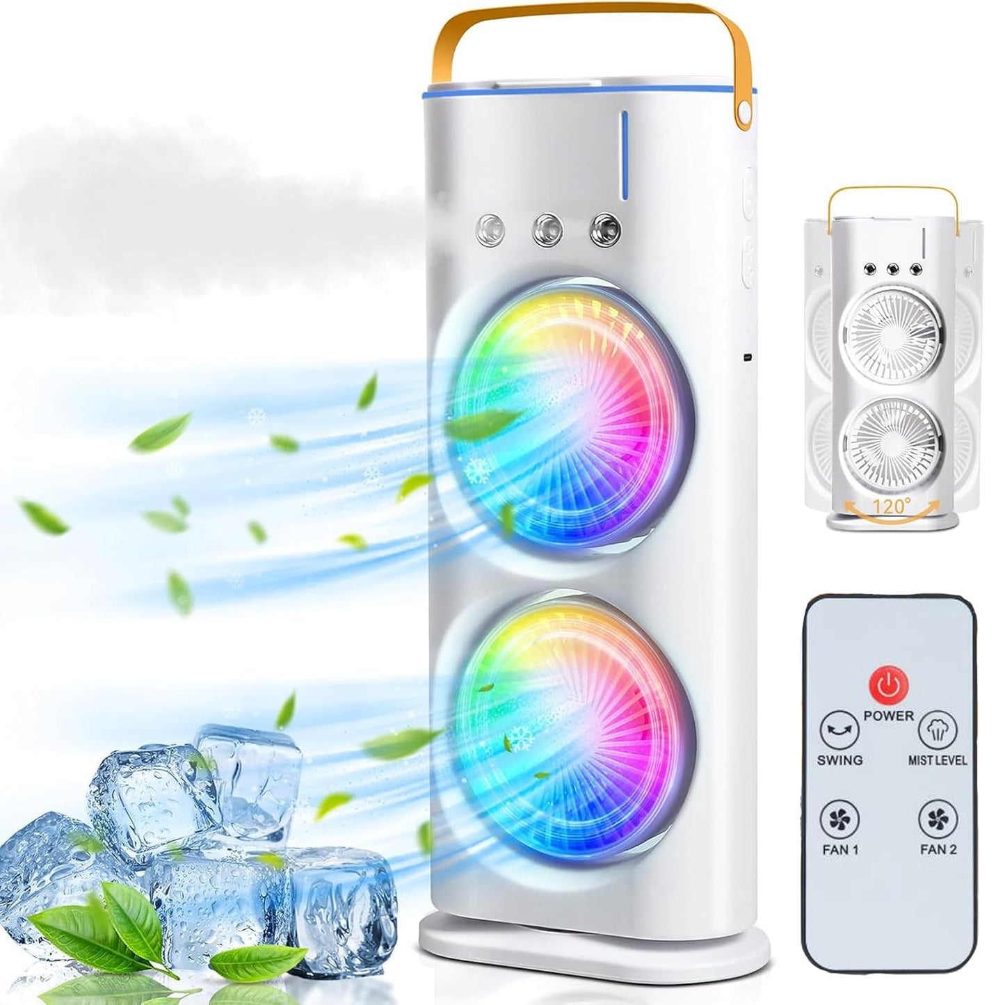 Votvy Electric Double Ended Spray Fan, Cold Air Fan, 2025 New 3 Gears USB Rechargeable Oscillating fan with LED Light Cooler Fan, Touch & Remote Control, 280ml Water Tank, Ice Filling Fan