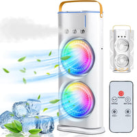 Votvy Electric Double Ended Spray Fan, Cold Air Fan, 2025 New 3 Gears USB Rechargeable Oscillating fan with LED Light Cooler Fan, Touch & Remote Control, 280ml Water Tank, Ice Filling Fan