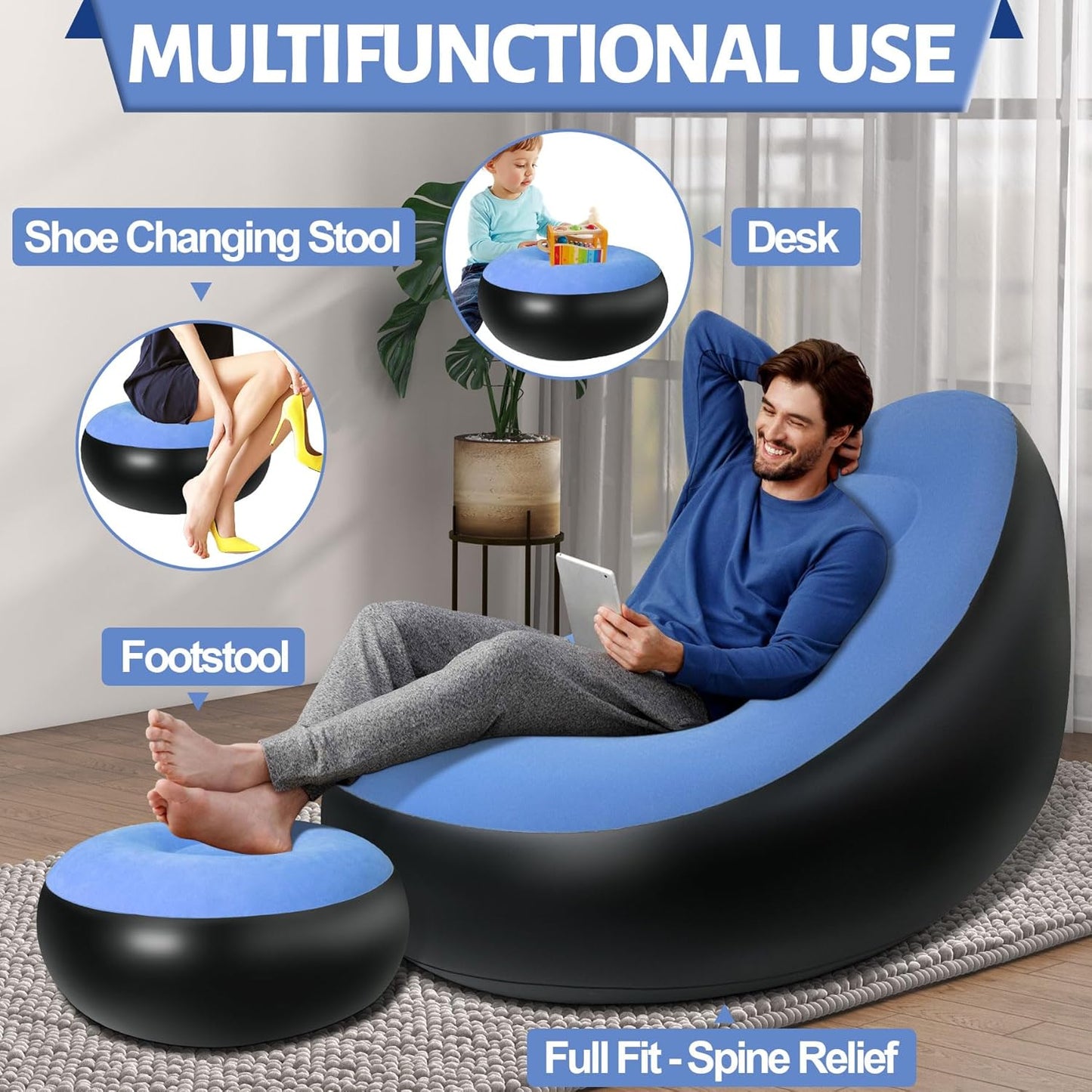 Votvy   Chair, Portable Fast Inflatable Sofa Chair with Foot Stool, Surface with Plush Smooth Comfortable Ideal for Living Room, Room and Outdoor Camping use