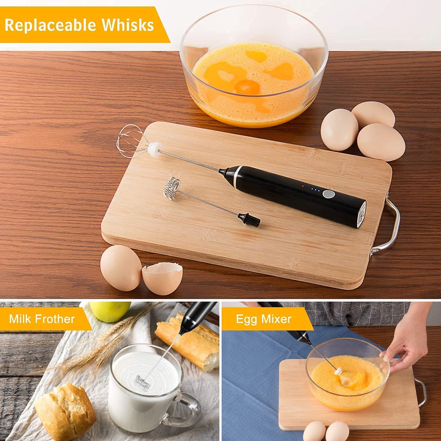 Votvy Rechargeable Milk Frother Handheld with 2 Heads, Black Color Coffee Electric Whisk Drink Foam Mixer, Mini Hand Stirrer with 3 Speeds Adjustable for Latte, Cappuccino, Hot Chocolate, Egg
